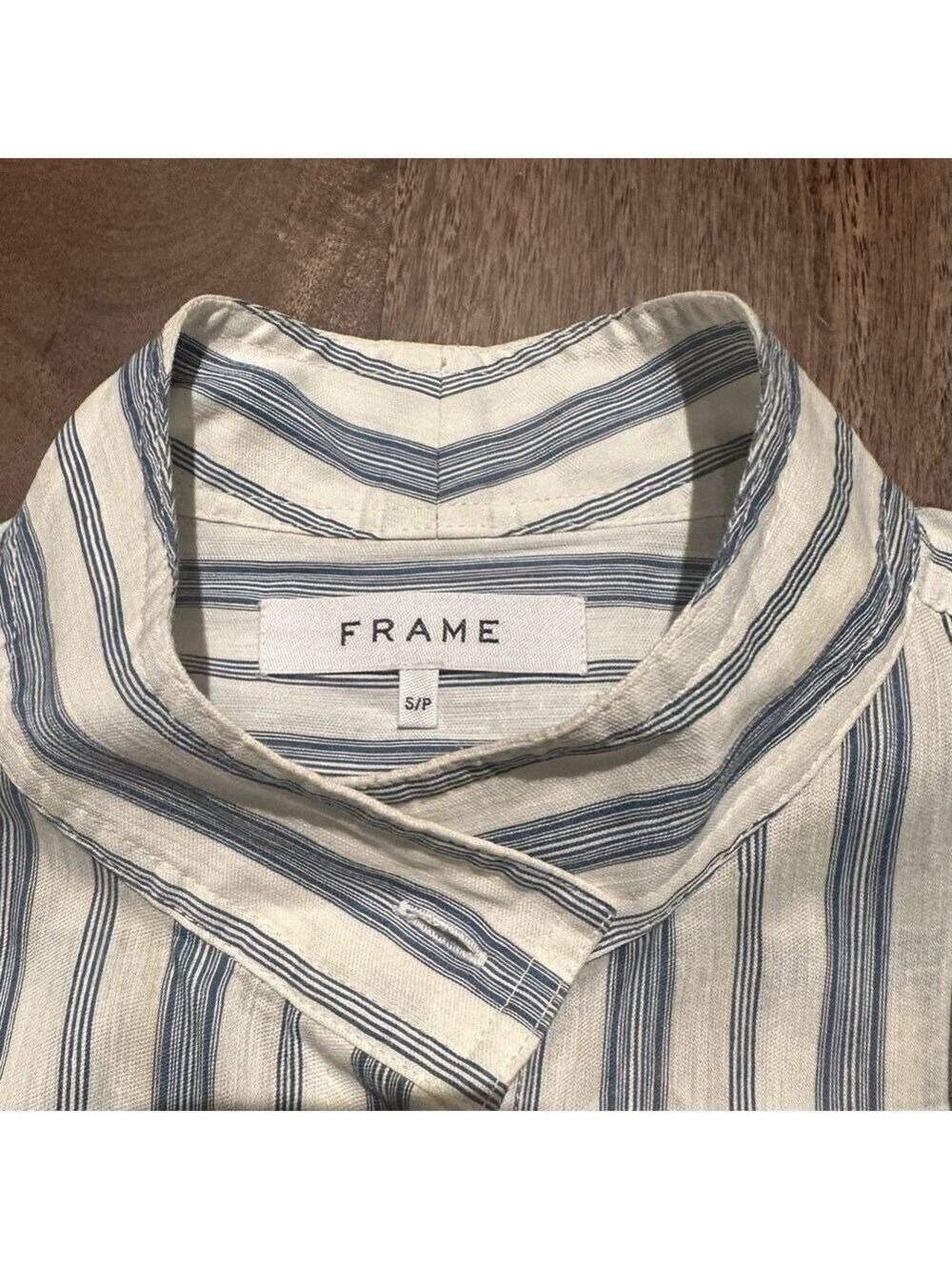 FRAME Stand-Collar Striped Linen-blend Shirt In Blue Size Small - Picture 9 of 11